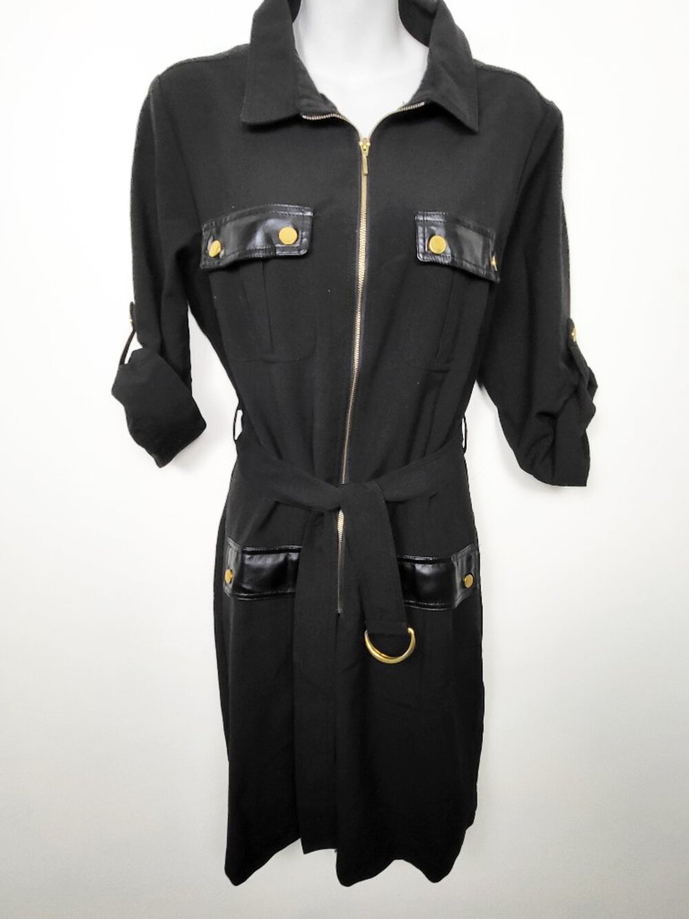 Sharagano Black Zip-Front Utility Shirt Dress with Faux-Leather Trim | Size 12